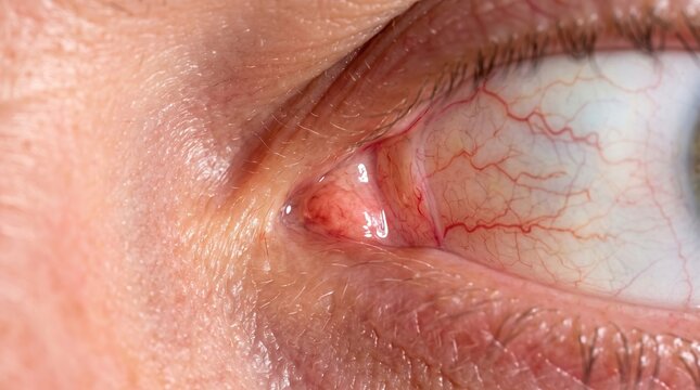 Macro close-up of human eye with conjunctivitis showing severe red sclera and blood vessels