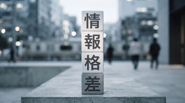 「情報格差」の文字を積み重ねたブロックで表現したビジュアル素材