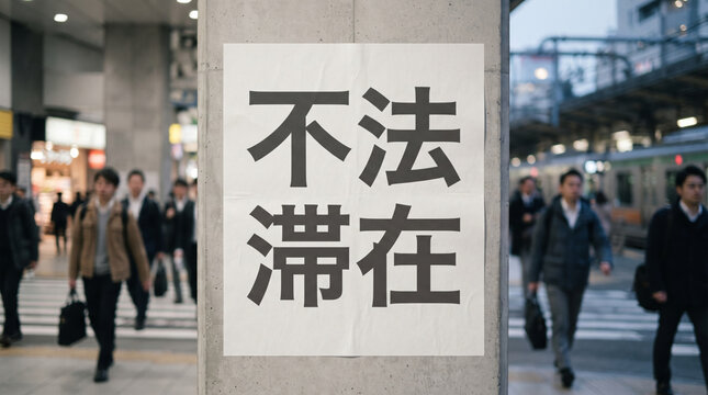「不法滞在」の文字を掲示する駅前の柱と街並み