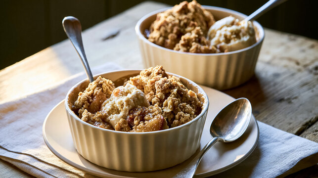 Apple crumble with vanilla ice cream in ceramic bowls on a wooden table, enjoying warm dessert