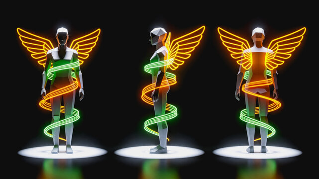 Three Low Poly Figures With Neon Wings And Spiral Lights