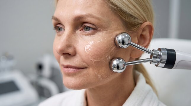 Mature woman undergoing microcurrent facial massage procedure with silver probe in cosmetology clinic