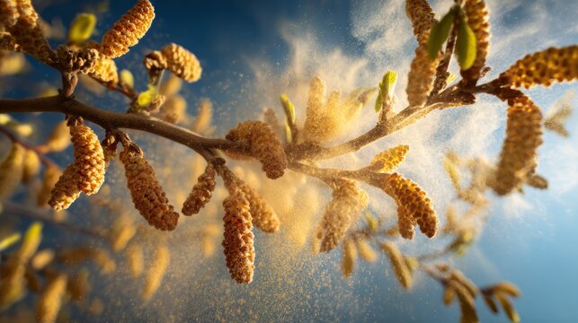 Pollen released from tree blossoms in springtime sunlight at local park