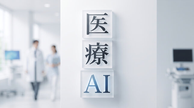 病院の柱に「医療AI」の文字を立体的に配した最新概念のビジュアル素材
