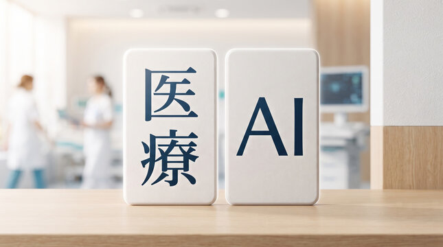 病院の受付カウンターに置かれた「医療」「AI」の文字ブロックと先端医療のイメージ
