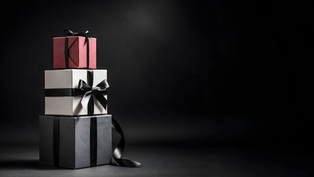 A stack of three gift boxes in red, white, and dark gray colors with black ribbons on a dark background, with space for, text for holiday sales