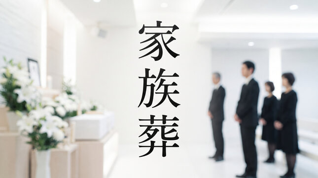 「家族葬」の文字を配置した葬儀場と参列者のビジュアル