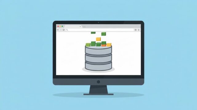 Data storage and transfer concept with database icon on computer monitor screen.