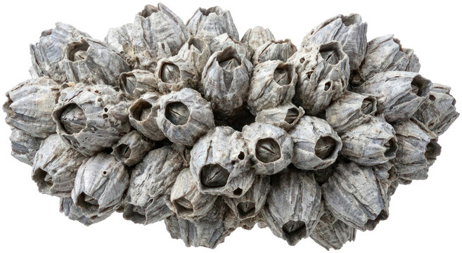 Group of crustacean barnacles isolated on black background.