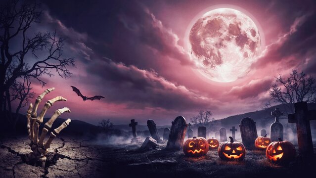 Halloween graveyard spooky moonlit night pumpkins skeleton hand bats eerie atmosphere.