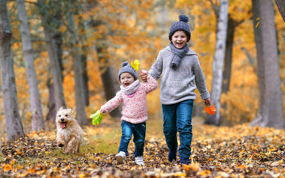 Two Happy Children jumping and running Together through the autumn park