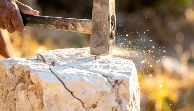 Close-up of a craftsman's hands using a hammer and chisel to shape a rough stone block, creating dust and sparks.
