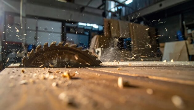 Close-up of a circular saw blade cutting wood, sending sawdust flying in a workshop.