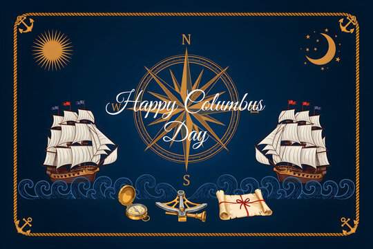 Columbus day banner with a central compass, sailing ships, nautical rope border, and a map scroll on a dark blue background