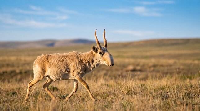 Critically Endangered Male Saiga Antelope Walking Across the Central Asian Steppe