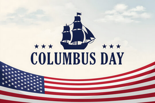 Columbus day banner with a dark blue sailing ship silhouette, six stars, and a waving american flag at the bottom on a cloudy background