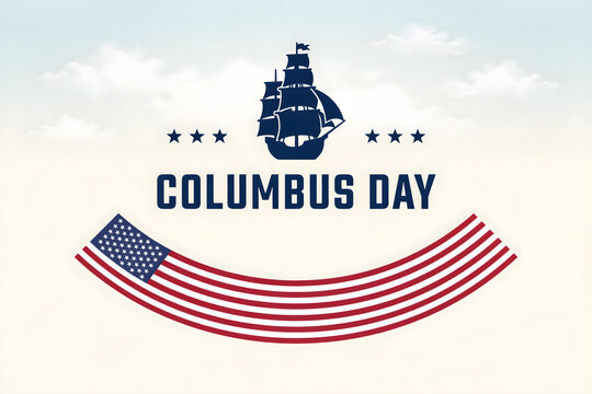 Columbus day featuring a dark blue sailing ship, six stars, and a curved american flag banner on a light cloudy background sky