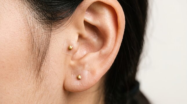 Ear Seed Acupuncture Therapy Applied on Tragus and Lobe of Asian Woman for Wellness