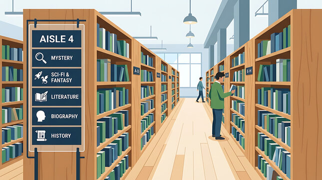 People browsing bookshelves in a public library aisle