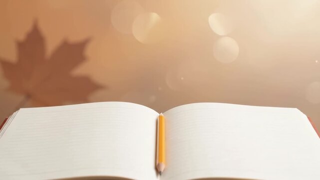 Open notebook with lined pages and a yellow pencil resting on the spine, casting a maple leaf shadow on a warm-toned background. Podcast cover for autumn journaling and creative