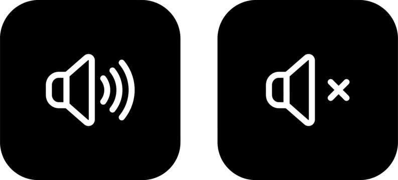 Minimalist mute and unmute sound icons on black square buttons for user interface design