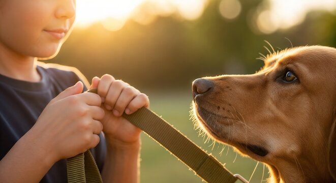 Boy standing with dog on leash at sunset, holding leash with warm sunlight highlighting their connection. Enjoyable moment captures bond between child and dog during outdoor adventure.