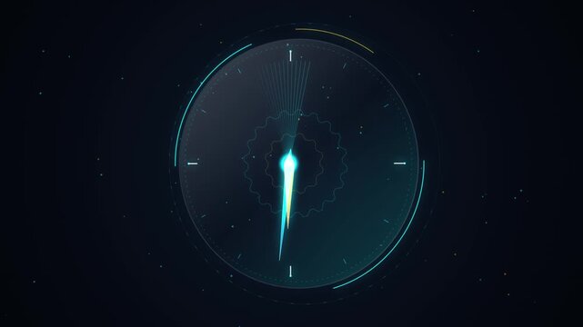 Abstract digital clock interface with rotating neon hands, futuristic time concept for technology and business presentations