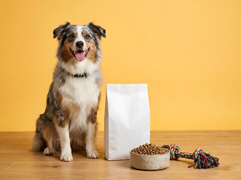 Australian shepherd dog sitting attentively beside premium pet food bag and bowl on bright yellow background