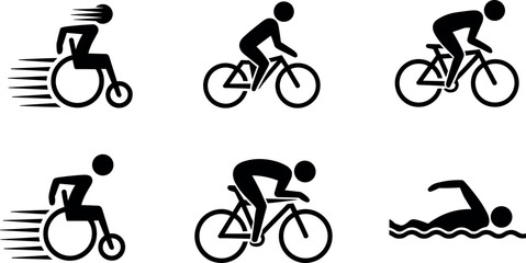 Fototapeta premium Set of triathlon sports cycling swimming and wheelchair racing pictogram icons vector illustration