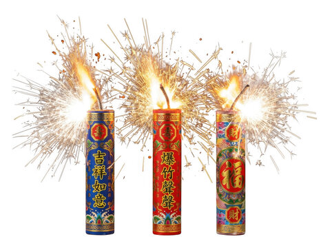 Burning firecrackers with sparks isolated on transparent background