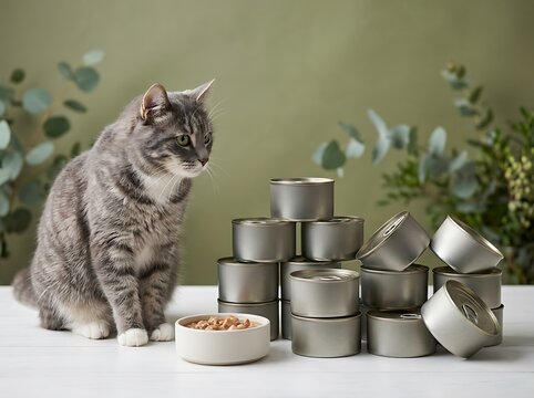 Gray tabby cat inspecting pet food selection from stacked metal cans on white surface