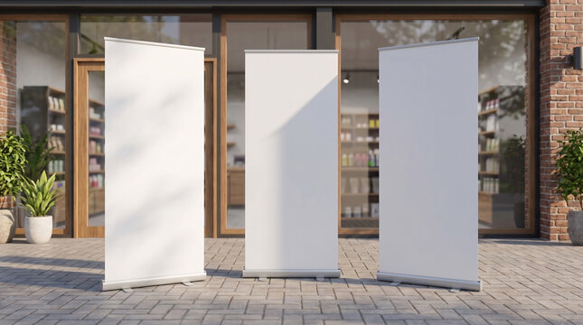 Three Blank Roll Up Banner Displays Outside Store Building Storefront
