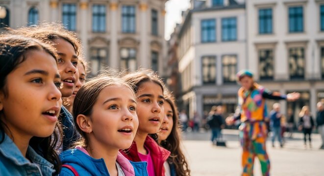Children captivated by street performer in lively square with vibrant street entertainment. Children watching street performer captures excitement and joy,