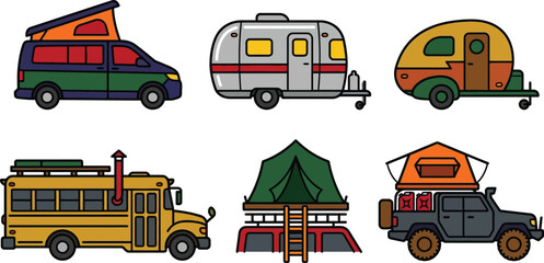 Collection of diverse camping vehicles and trailers flat vector illustrations for travel and outdoor adventure themes isolated on white © Ali