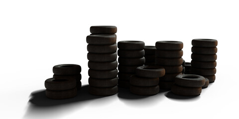 Tire stacks isolated on transparent background. 3D rendering. © snesivan