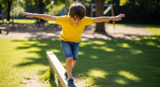 Young child balancing on playground beam in sunny park, demonstrating agility and focus while wearing bright yellow shirt and shorts. Child plays outdoors,