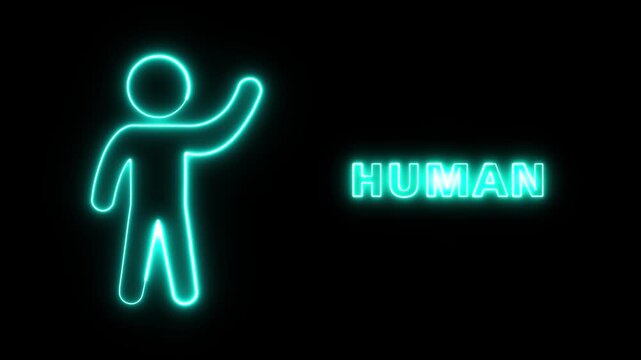 Neon light style graphic of a waving human figure with glowing text caption against a dark background