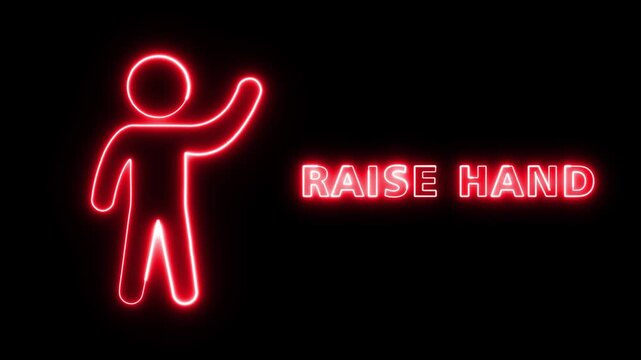 Red Neon Raise Hand Gesture Icon Glowing Against A Dark Background Illustrating A Person Requesting Participation Or Asking A Question In Virtual Meetings