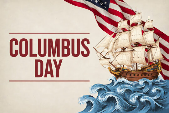 Columbus day poster featuring a wooden sailing ship on stylized blue ocean waves with an american flag on a vintage textured beige background