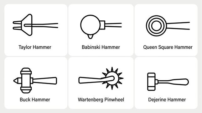 Medical reflex hammer icons display various neurological diagnostic instruments including Taylor and Babinski hammers.