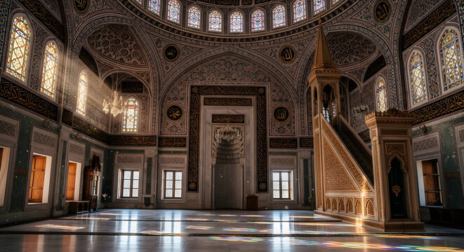 Grand mosque interior with cinematic light rays. Islamic architecture with ornate dome and mihrab. Traditional prayer hall with sunbeams.