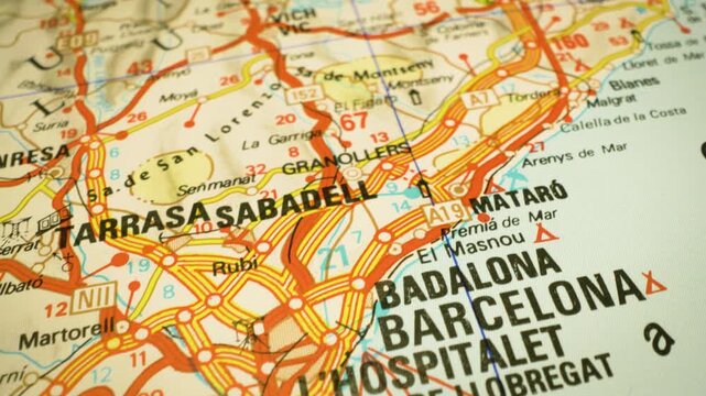 road routes leading to barcelona, spain &ndash; moving across atlas map