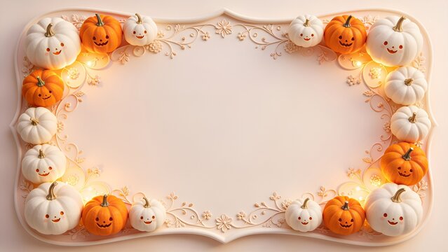 Dreamy halloween horizontal greeting card layout, whimsical white orange jack o lanterns 3d papercut frame, intricate diecut details, soft fairy lighting, copy space, warm pastel ivory background