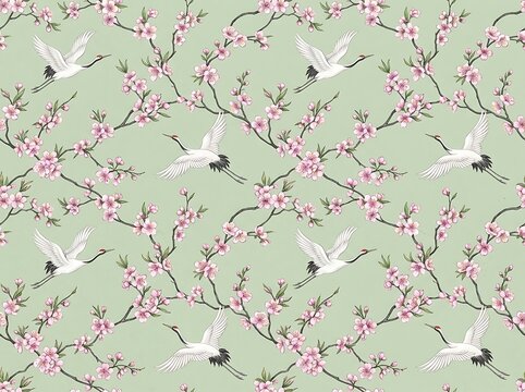 Delicate floral branch pattern with pink blossoms on light green seamless background