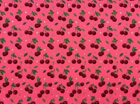 Fresh cherries scattered on vibrant pink background with green stems for food packaging design