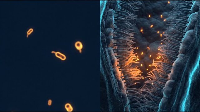 Microscopic visualization of orange rod shaped bacteria and pathogens interacting with a textured cellular surface and villi in the human body