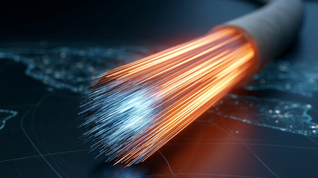 Fiber optic cable glowing with data light over a digital world map. High speed internet technology concept for global telecommunications and networking.