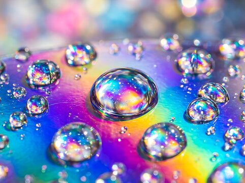 Water droplets refracting rainbow colors on vibrant iridescent surface with perfect spherical clarity