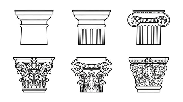 Architectural column capitals from classical styles are presented in black line art icons.