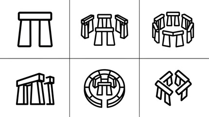 Obraz premium Stonehenge icons collection featuring ancient megalith monuments in minimal outline style on a white background.